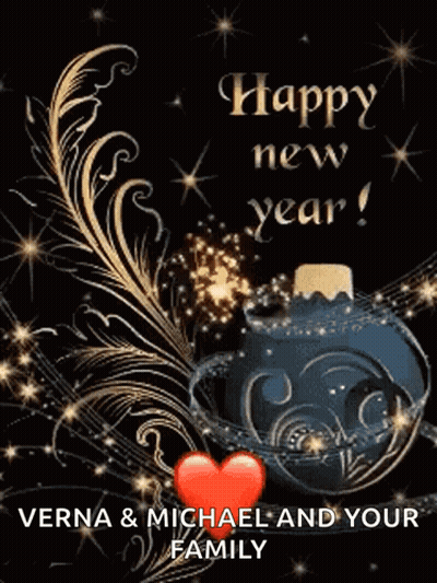Happy New Year Greeting Card With Heart And Blue Ornament GIF