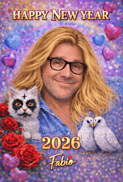 Happy New Year Greeting Card With Man And Two Birds GIF