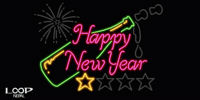 Happy New Year Neon Sign With Bottle And Fireworks GIF