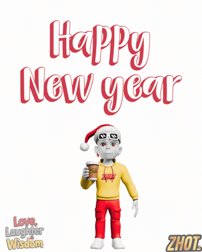 Happy New Year Santa Cartoon Holding Coffee GIF