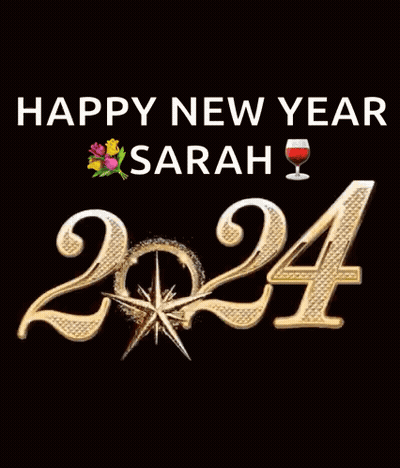 Happy New Year Sarah Card With Fireworks And Wine GIF
