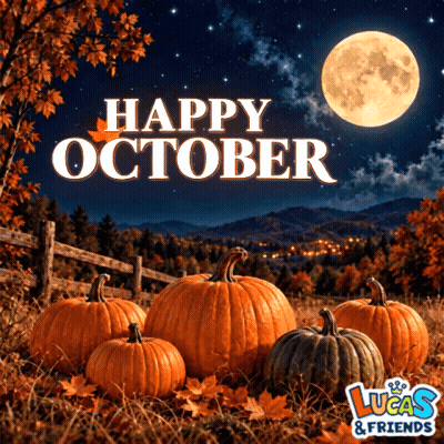 Happy October Poster With Pumpkins And Full Moon GIF