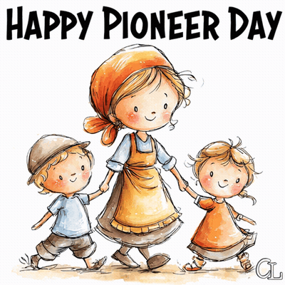 Happy Pioneer Day Poster Woman And Two Children Holding Hands GIF