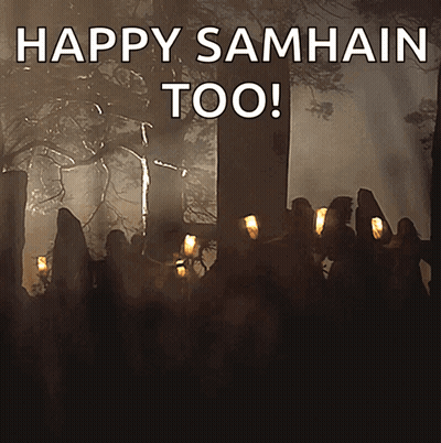 Happy Samhain Poster With People Holding Candles GIF