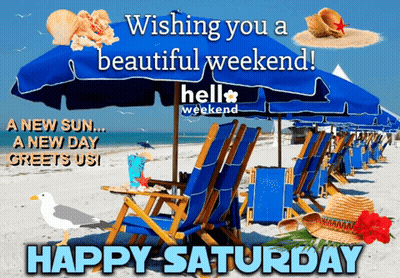 Happy Saturday Greeting Card With Blue Beach Chairs And Umbrellas GIF