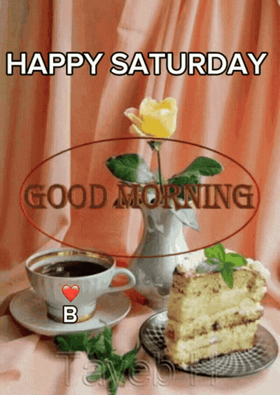 Happy Saturday Greeting Card With Coffee And Cake GIF