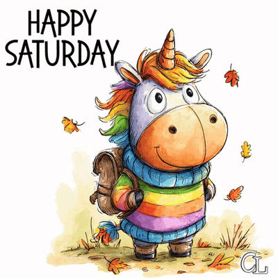 Happy Saturday Greeting Card With Unicorn In Sweater GIF