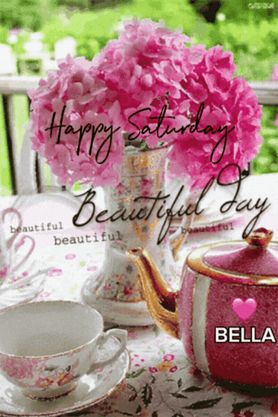 Happy Saturday Greeting Teapot And Cups GIF
