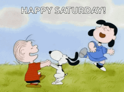 Happy Saturday Jumping Charlie Brown Snoopy Peanuts GIF