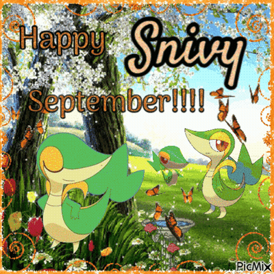 Happy Snivy September Greeting Card With Snakes And Butterflies GIF