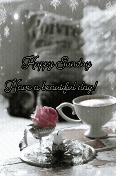 Happy Sunday Have A Beautiful Day With A Cup Of Coffee And A Rose GIF