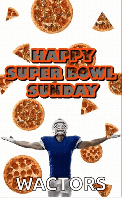 Happy Super Bowl Sunday Poster With Football Player And Pizza GIF