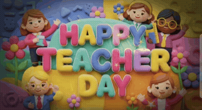 Happy Teacher's Day Greeting Card With Cartoon Characters And Flowers GIF