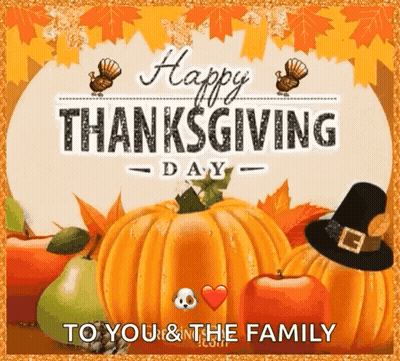 Happy Thanksgiving Card With Pumpkins Apples Turkeys Witch Hat GIF
