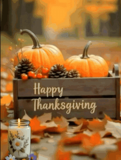 Happy Thanksgiving Card With Pumpkins Pine Cones Candle GIF