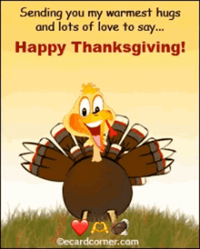 Happy Thanksgiving Card With Turkey And Hearts GIF