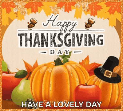 Happy Thanksgiving Greeting With Pumpkins And Turkeys GIF