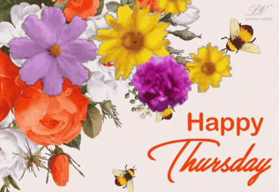 Happy Thursday Card With Flowers And Bees GIF