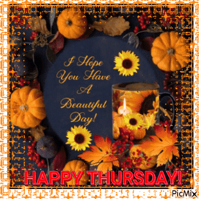 Happy Thursday Card With Pumpkins Leaves And Flowers GIF