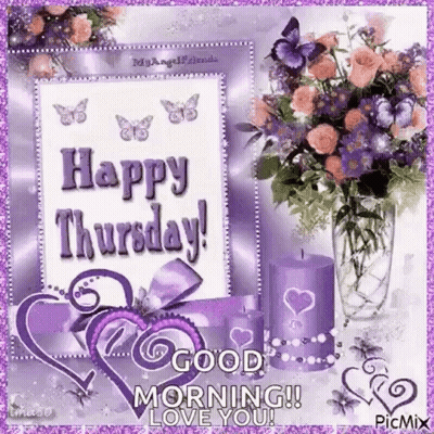 Happy Thursday Card With Vase Flowers And Candles GIF