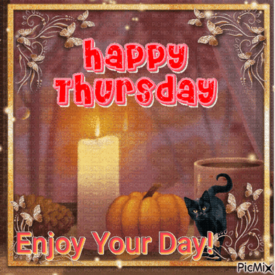Happy Thursday Greeting Card With Black Cat And Candle GIF