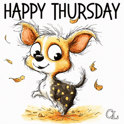 Happy Thursday Greeting Card With Cartoon Dog And Leaves GIF