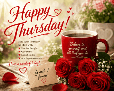 Happy Thursday Greeting Card With Coffee And Roses GIF