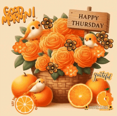 Happy Thursday Greeting Card With Flowers Oranges And Birds GIF