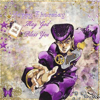 Happy Thursday Greeting Card With Purple Cartoon Character GIF