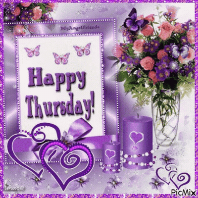 Happy Thursday Greeting Card With Purple Flowers And Candles GIF