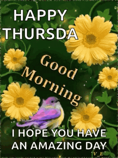 Happy Thursday Greeting Card With Yellow Flowers And Bird GIF
