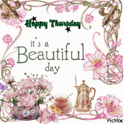 Happy Thursday Pink Flowers Teapot GIF