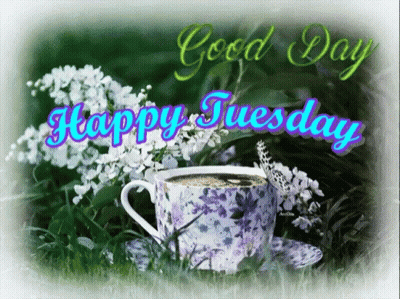 Happy Tuesday Greeting Card With Coffee And Flowers GIF
