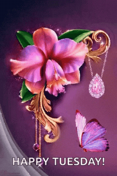 Happy Tuesday Greeting Card With Purple Flower And Butterfly GIF