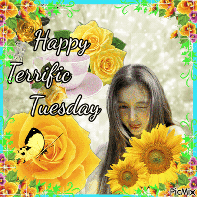 Happy Tuesday Greeting Card Woman Surrounded By Flowers GIF