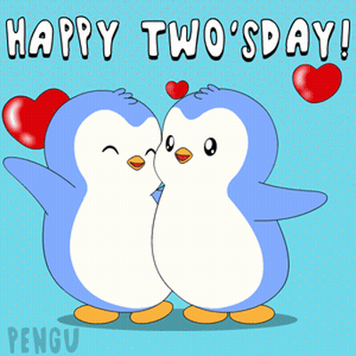 Happy Two's Day Greeting Card With Two Penguins And Hearts GIF