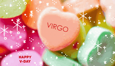 Happy V-Day Greeting Card With Candy Hearts And Virgo Heart GIF