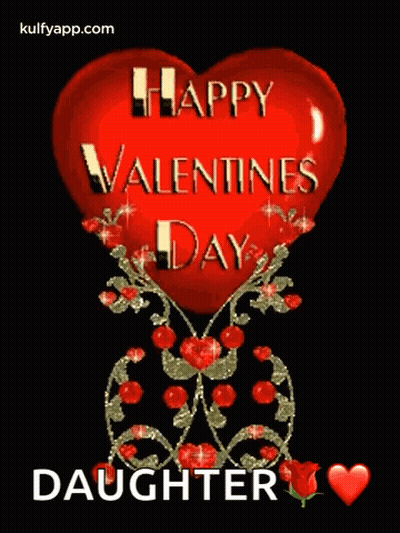 Happy Valentine's Day Card With Red Heart And Flowers GIF
