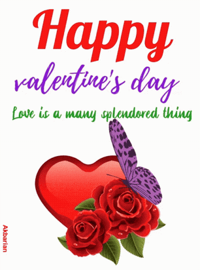 Happy Valentine's Day Card With Red Heart And Roses GIF