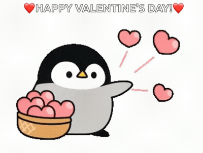Happy Valentine's Day Penguin With Basket Of Hearts GIF