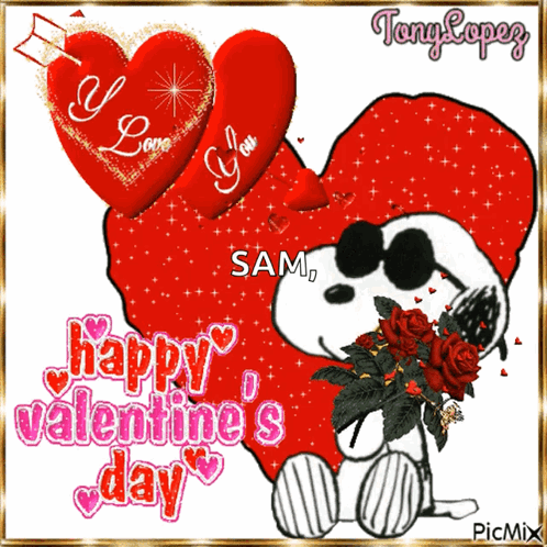 Happy Valentines Day Card With Snoopy Holding Roses GIF