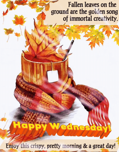 Happy Wednesday Card With Scarf And Cup Of Tea GIF