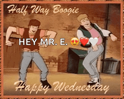 Happy Wednesday Greeting Card With Two Men Dancing In Front Of Brick Wall GIF
