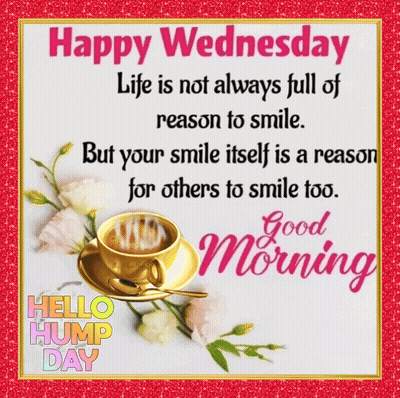Happy Wednesday Message With Coffee And Flowers GIF