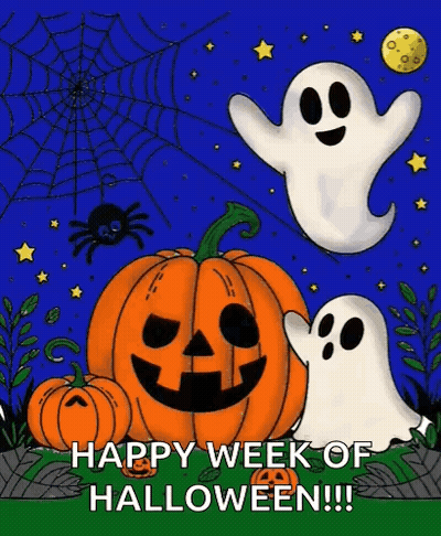 Happy Week Of Halloween Greeting Card With Pumpkins And Ghosts GIF