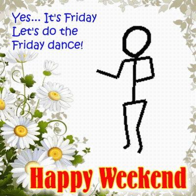 Happy Weekend Card With Stick Figure And Daisies GIF