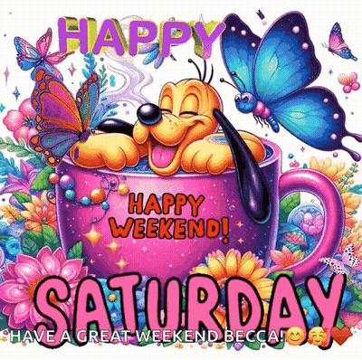 Happy Weekend Dog In Coffee Cup With Butterflies GIF