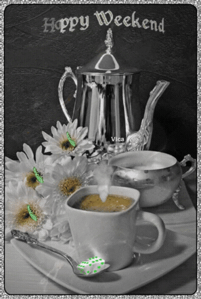 Happy Weekend Greeting Card With Coffee And Teapot GIF