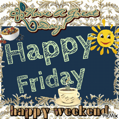 Happy Weekend Sign With Coffee And Smiling Sun GIF