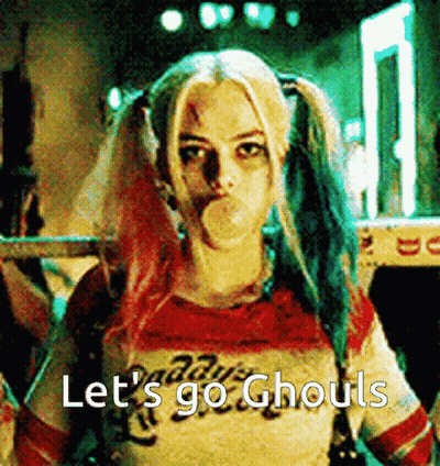 Harley Quinn Blowing A Bubble With The Words Let 'S Go Ghouls In The Background GIF